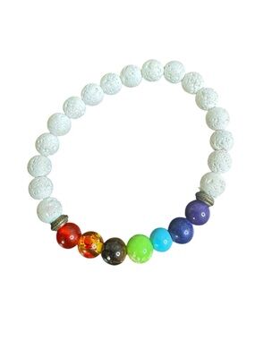 Hand Crafted White Lava Bead Chakra Stretch Bracelet with Rainbow Accent Beads